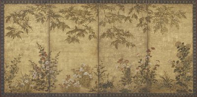 Mimosenbaum, Mohnblumen, Stockrosen und andere Blumen, Edo-Periode, 1630-70 von Kitagawa Sosetsu